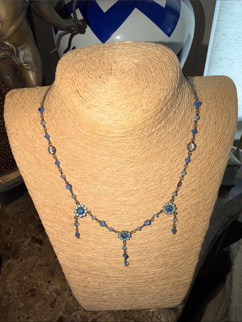 Deep blue crystal necklace with flowers light blue and dark oxidized sterling